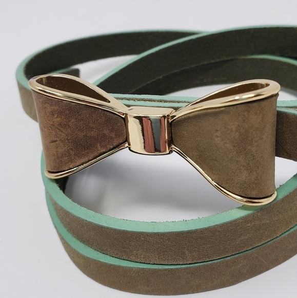 TARNISH TAN & MINT GREEN STRUCTURED BOW SKINNY LEATHER BELT WOMEN MEDIUM - Picture 3 of 14